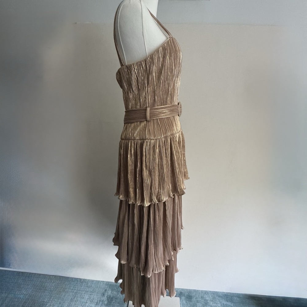 NWT Mac Duggal Ieena 27062 Gold Ruffle Tiered Belted Pleated Dress Size 2 Gown - Picture 3 of 16